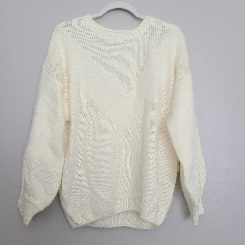 Modcloth Just My Stripe Pullover Crewneck Ivory Bishop Sleeve Ribbed Sweater XL